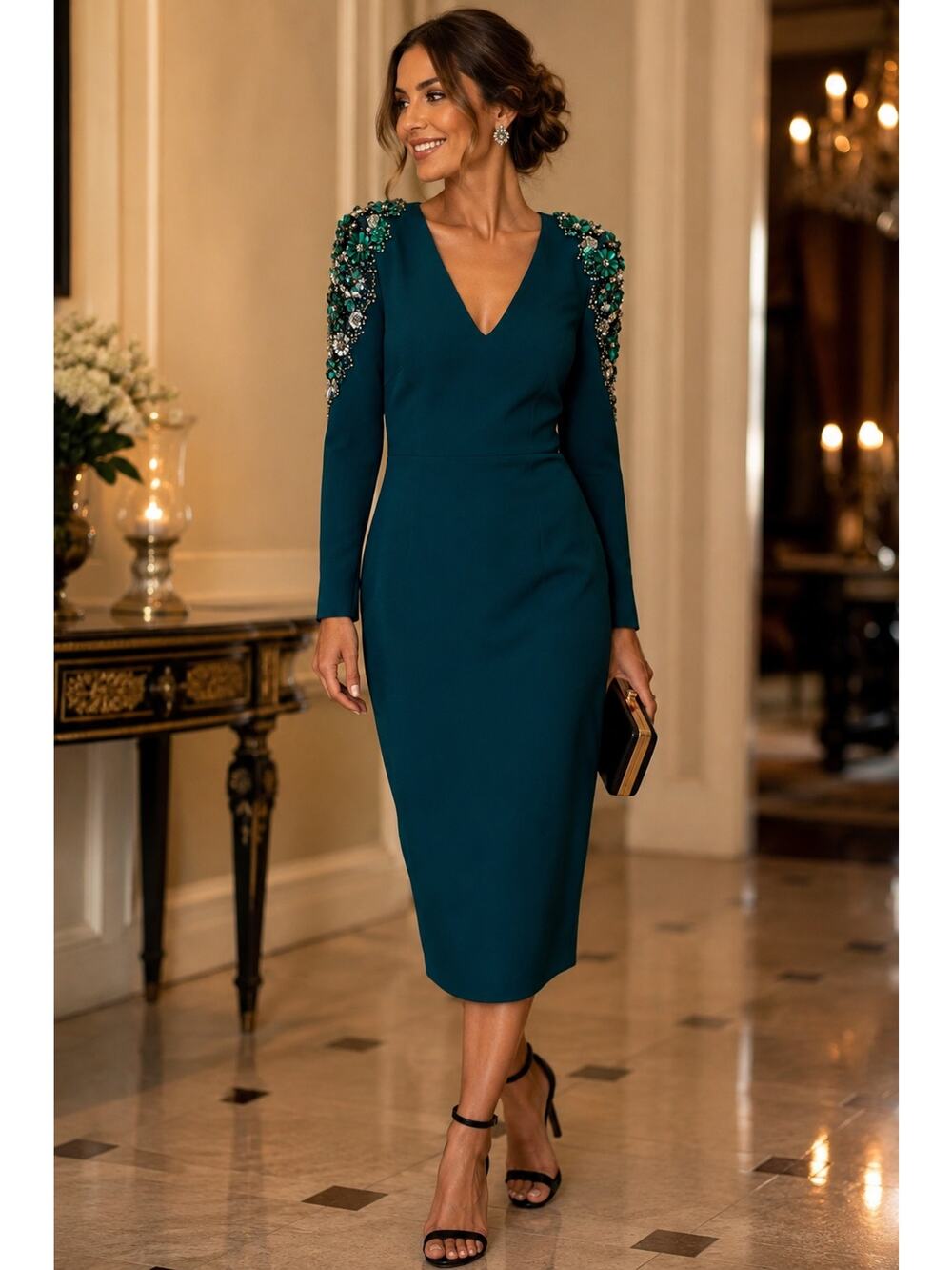 Badgley Mischka Teal Embellished Shoulder Cocktail Dress Size 4